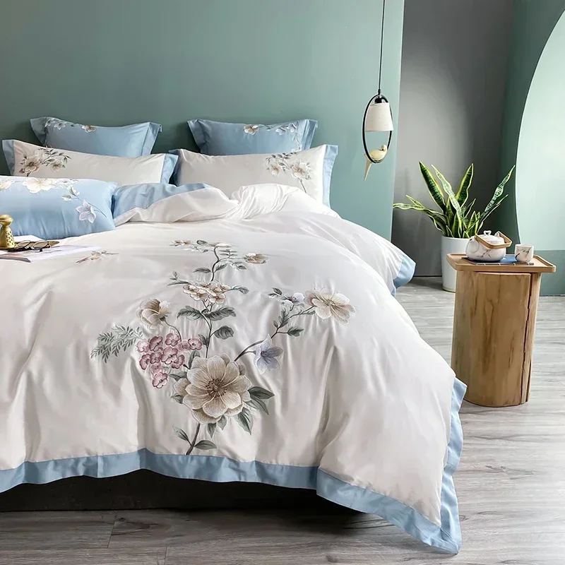 

White Embroidered Floral Bedding Set 300TC Egyptian Cotton Chinese-style 4pcs Soft Duvet Cover Set with Bed Sheet Matching Shams