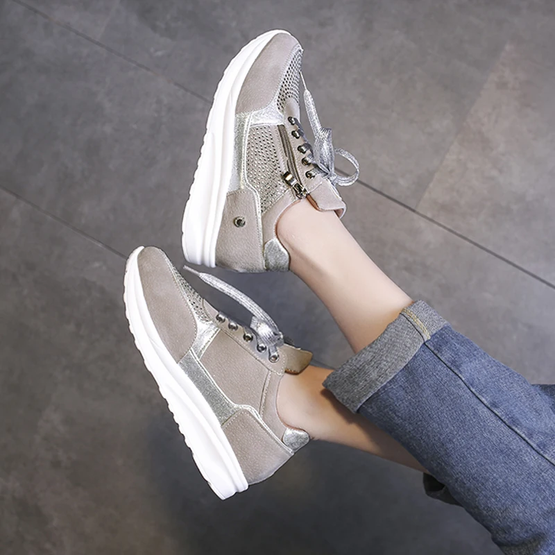 New Women Gold Sneakers Zipper Platform Trainers Women Shoes Casual Lace-Up Tenis Feminino Zapatos De Mujer Womens Sneakers