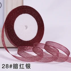1cm 25Yards Glitter Satin Ribbon for Gift Packaging and Decorations (Dark red silver)