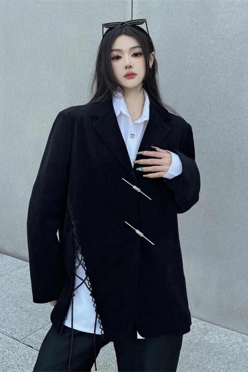 Black Suit Jacket For Women In Autumn Asymmetric Strap Design Split Cut Women Blazer Suit