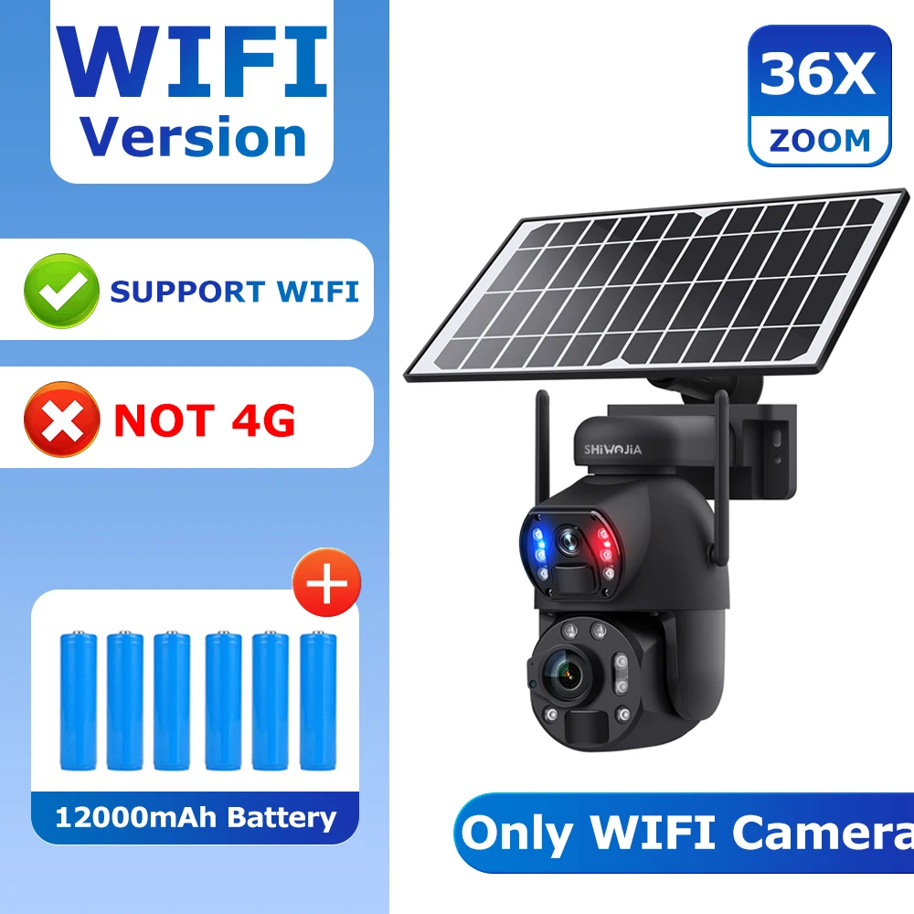 SHIWOJIA 6K 12MP 4G 태양열 카메라 36X 줌 DualLens 녹음 휴머노이드 추적 야외 WIFI 카메라 금속 방수 CCTV 12000mA