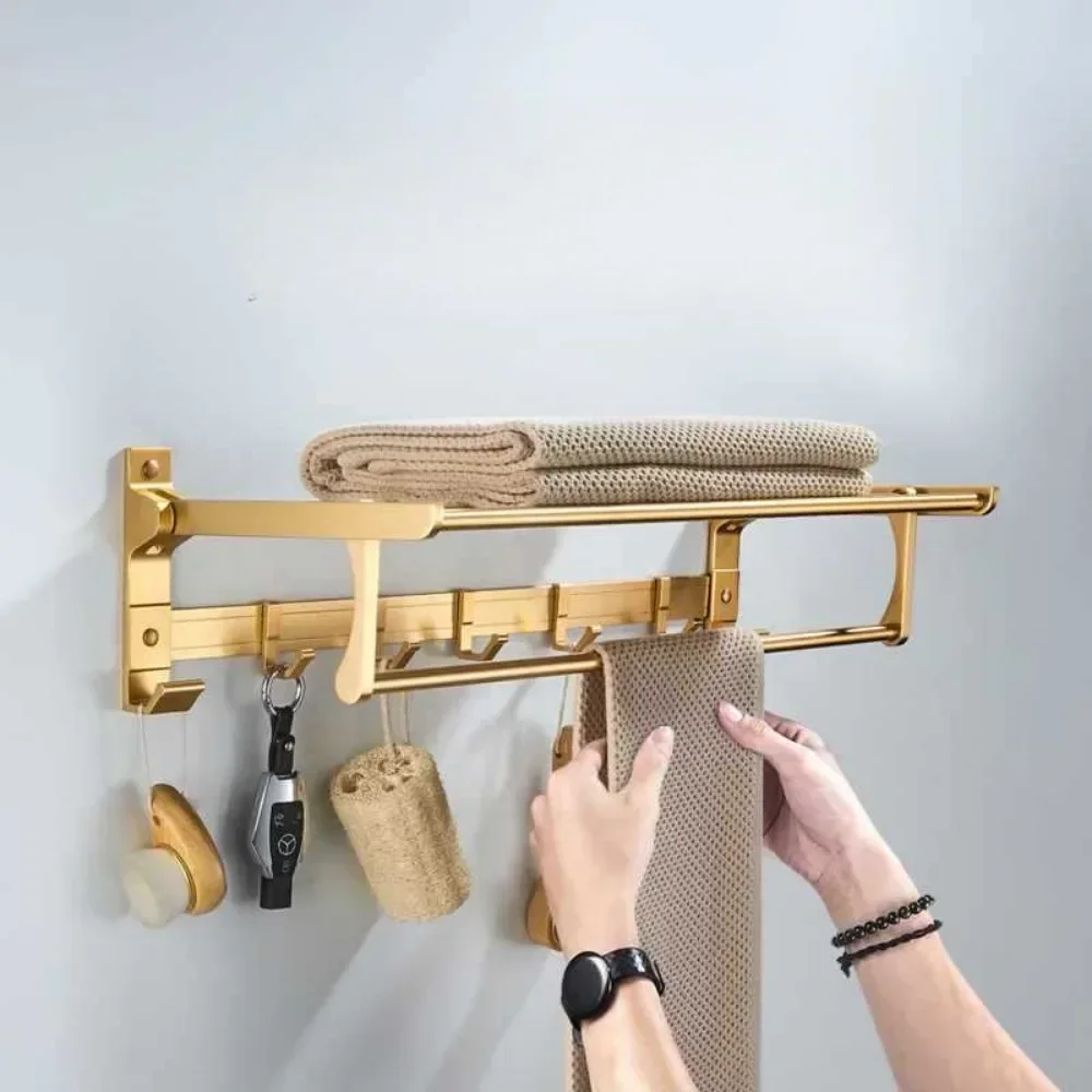 Space Aluminium Golden Towel Rack Towel Holder Bathroom Accessories Bathroom Hardware Storage Rack Double Folding Bath