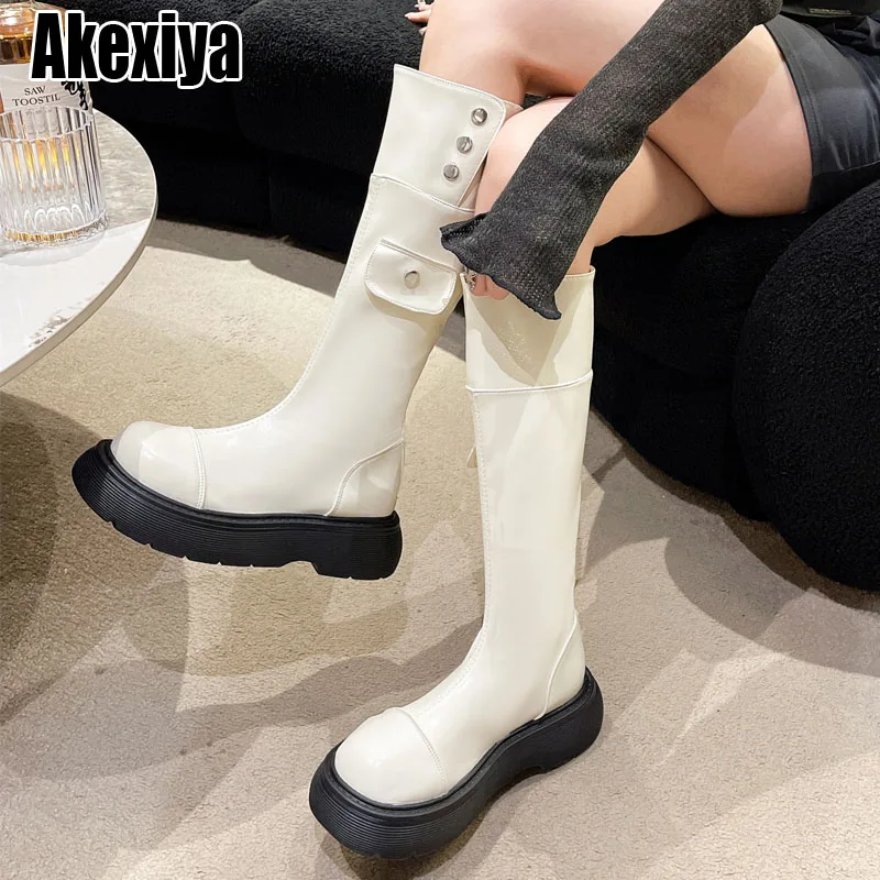 

Motorcycle Knee High Boots Ladies Detachable 2023 New Thick Bottom Female Button Chunky Heels Autumn Winter Women Shoes Casual