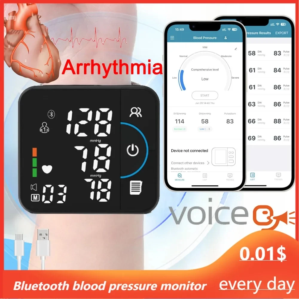 Bluetooth Voice Wrist Blood Pressure Monitor USB Rechargeable Large Display Tonometer Digital Sphygmomanometer baumanometer blood pressure monitor blood pressure meter