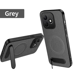 Luxury Carbon Fiber Pattern Magnetic Case with Foldable Bracket Cover for Honor X7D 4G 5G (Grey)