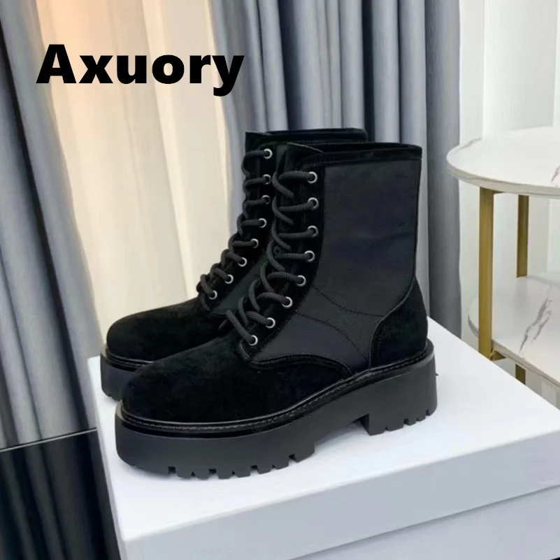 2024 New Women's Ankle Boot Nylon Fabric Genuine leather sole Thick bottom anti slip Lace-up Luxury Design