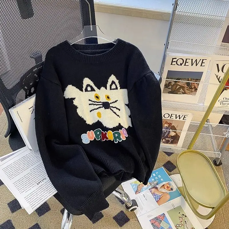 

Women Black Cat Cartoon Knitted Short Sweater Loose and Versatile Casual Coat Top Clothes Autumn and Winter Instagram Style