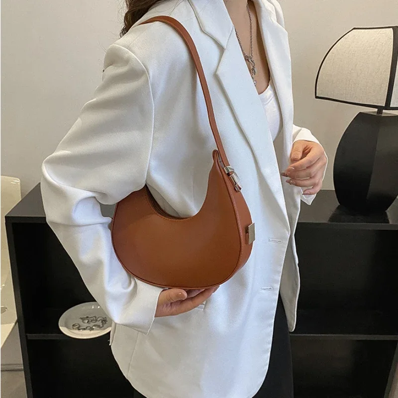 

Pure Color Shoulder Bags For Women Small Moon Underarm Bag Clutch Luxury Pu Leather Female Handbag Casual Shopper Hobos Bags