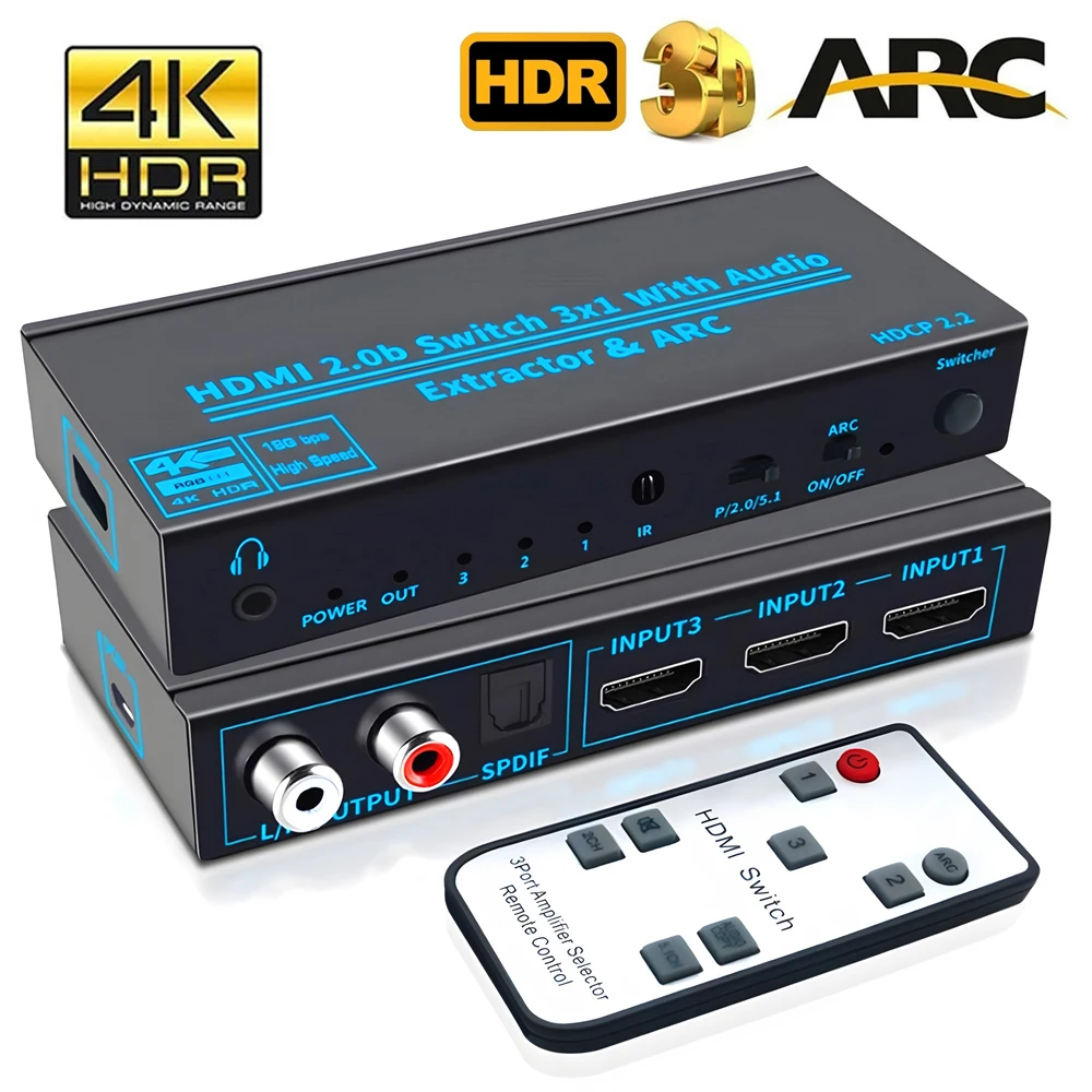 

4K 60Hz HDMI-Compatible Switcher Audio Extractor 3-in-1-out HDMI Audio Switch with R/L+SPDIF +3.5 Jack Audio Switch 3x1 Adapter