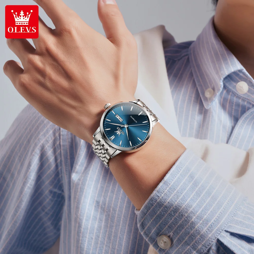 OLEVS 7048 Men's Watch Dual Calendar Mechanical Watch For Men Fashion Top Brand Waterproof Man Wristwatch Stainless Steel Strap