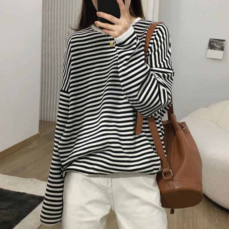 

Striped Sweatshirt Women Tops Spring and Autumn Thin Korean Loose Cotton Chic Tops Oversize Sweatshirt Lazy Casual Jacket
