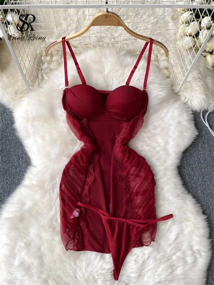 

SINGREINY Summer Folds Slim Sensual Rompers Dress Sets Women Sleevelss Sleepwear Pajamas Lace Mesh Camis Dresses Erotic Bodysuit