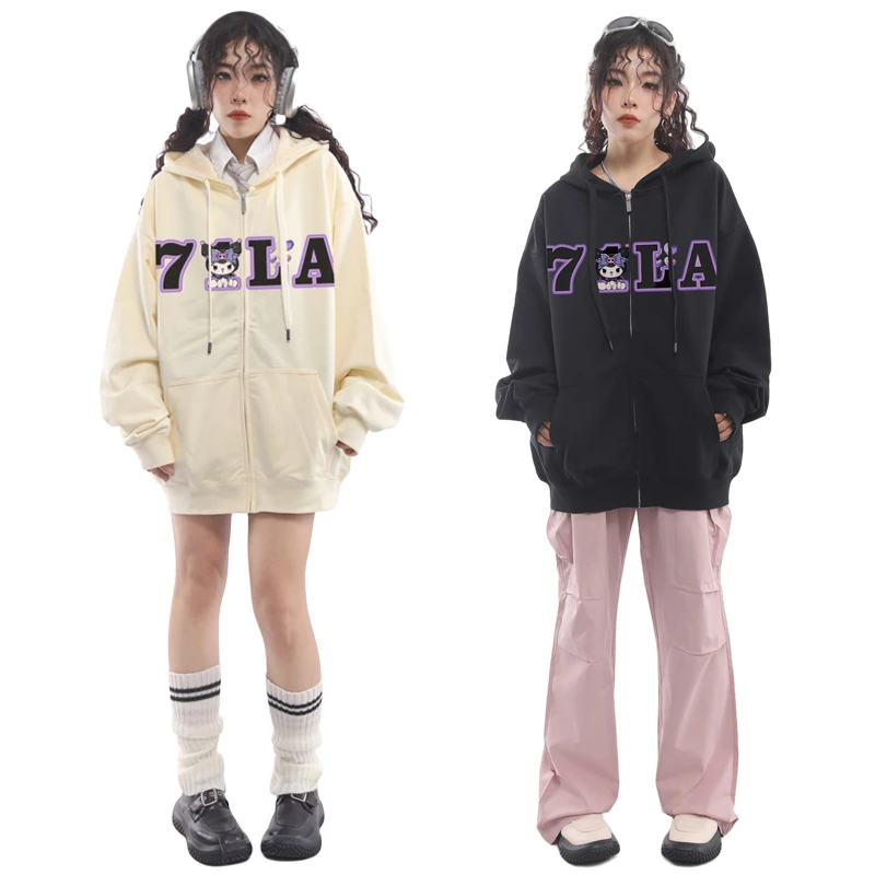 

Женский свитер с капюшоном Sanrios, Свободный кардиган на молнии с мультипликационным принтом аниме Kuromi, одежда для девушек на весну-осень