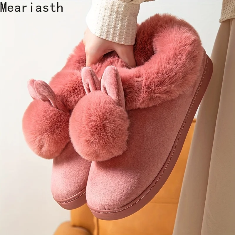 

Cute Women Slippers Autumn Winter Cotton Flat Fluffy Slippers Cartoon Rabbit Ear Home Indoor Fur Slippers Warm Soft Plush Shoes