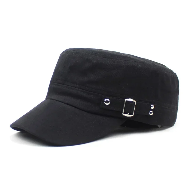 Simple Retro Military Cap Silver Metal Side Button Baseball Cap Cotton Short Eave Flat Top Solid Color Adjustable Sun Hat