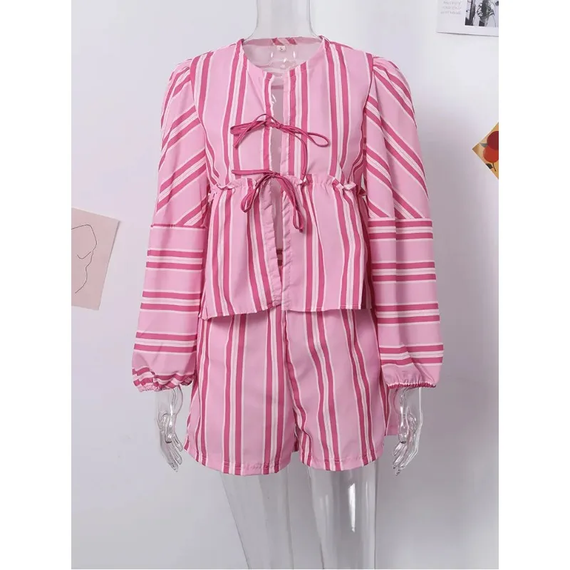 Panelled Striped Shorts Sets For Women 2piece Lace Up Shirts Set High Waist Wide Leg Short Pant 2024 Summer Fashion Lady Outfits