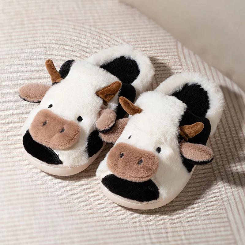 

New Style Comfortable Winter Shoes Warm Fleece Cozy Non-slip Cotton Household Cartoon Cute Cow Slippers Outdoor Couple Slippers