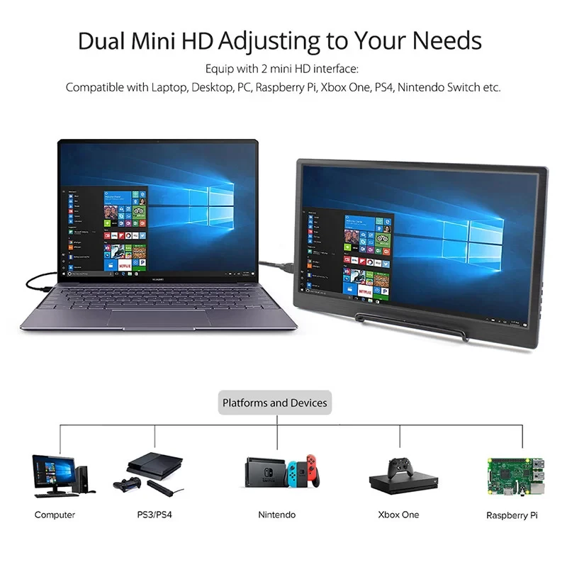 13.3 인치 2K IPS 2560x1440 HD 디스플레이 듀얼 미니 HDMI 호환 IPS 모니터 노트북 PC PS4 wii u Xbox, 라즈베리 파이 4B, 3B +, 3B