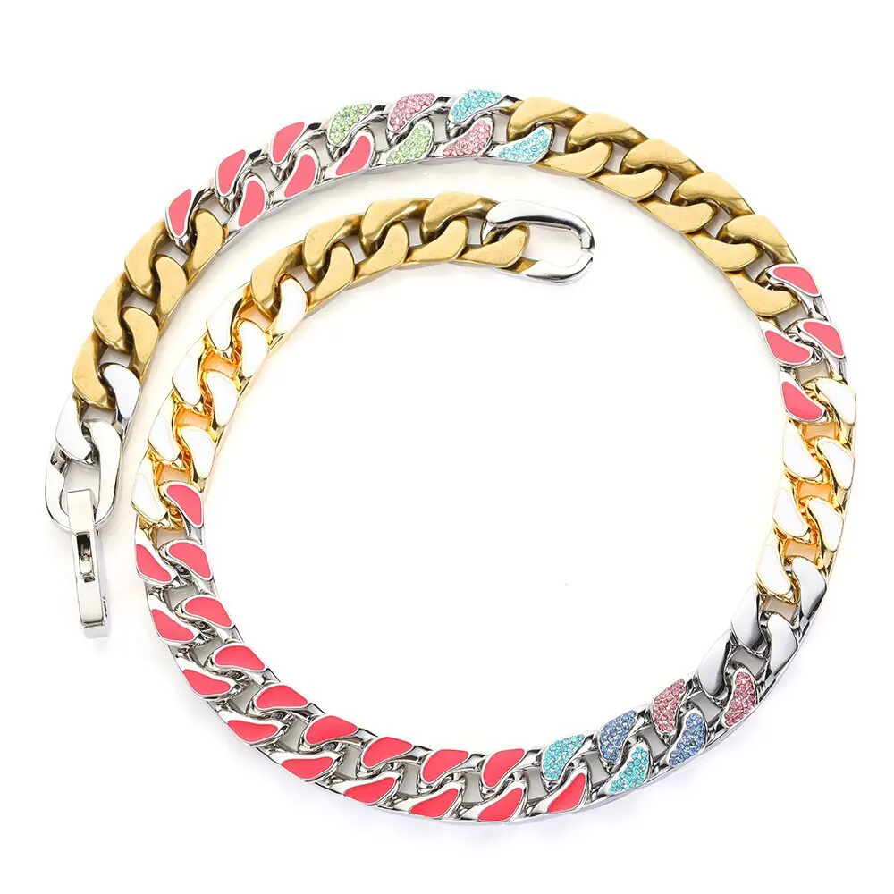 ULJ Miami 12.3mm Colorful Cuban Chain Iced out Necklace For Men Women 316L  Stainless Steel Snap Button Hip Hop Jewelry