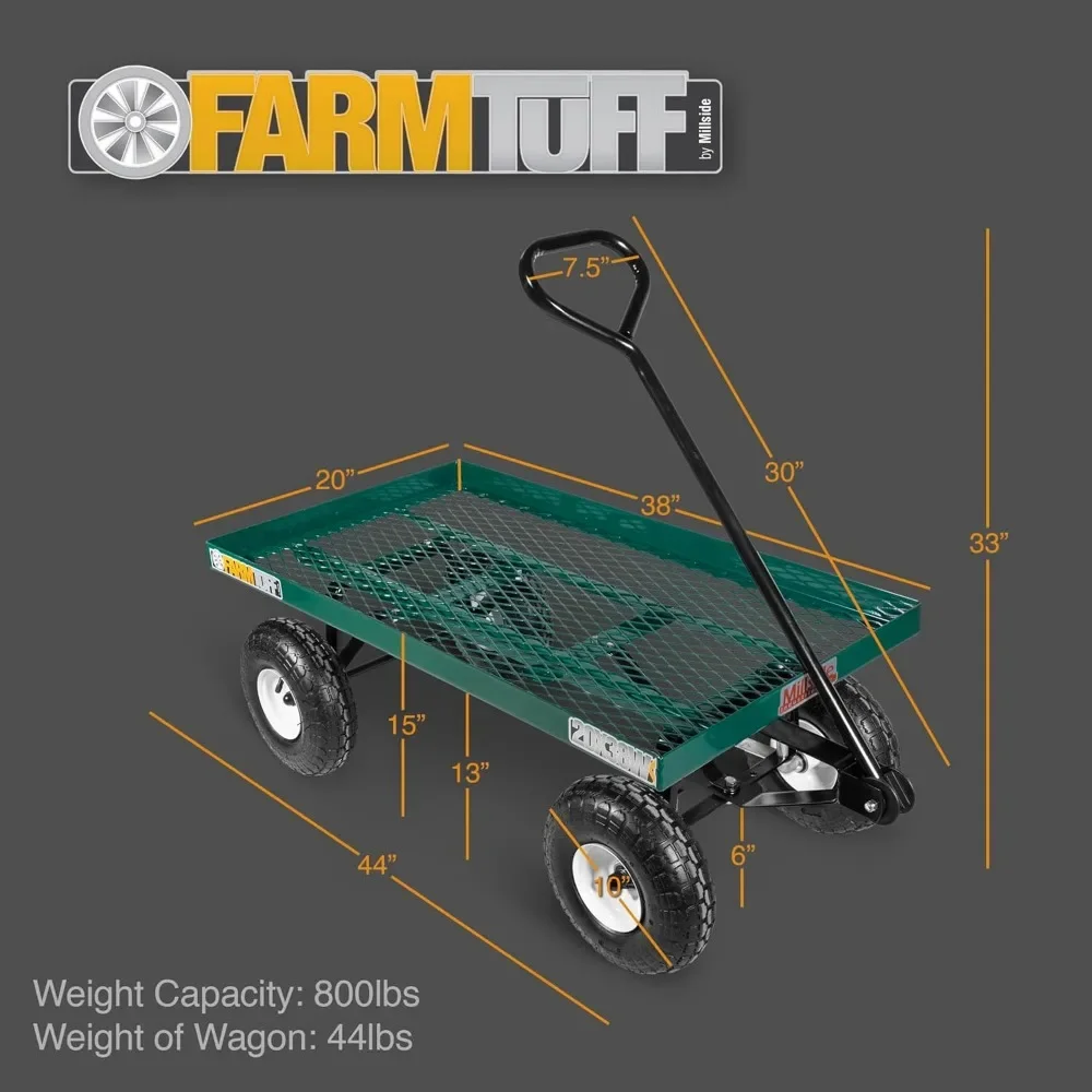 Green Garden Carts Durable Metal Deck Garden Wagon Utility Cart With Pneumatic Tires for Outdoor Hauling Cargo Trolleys