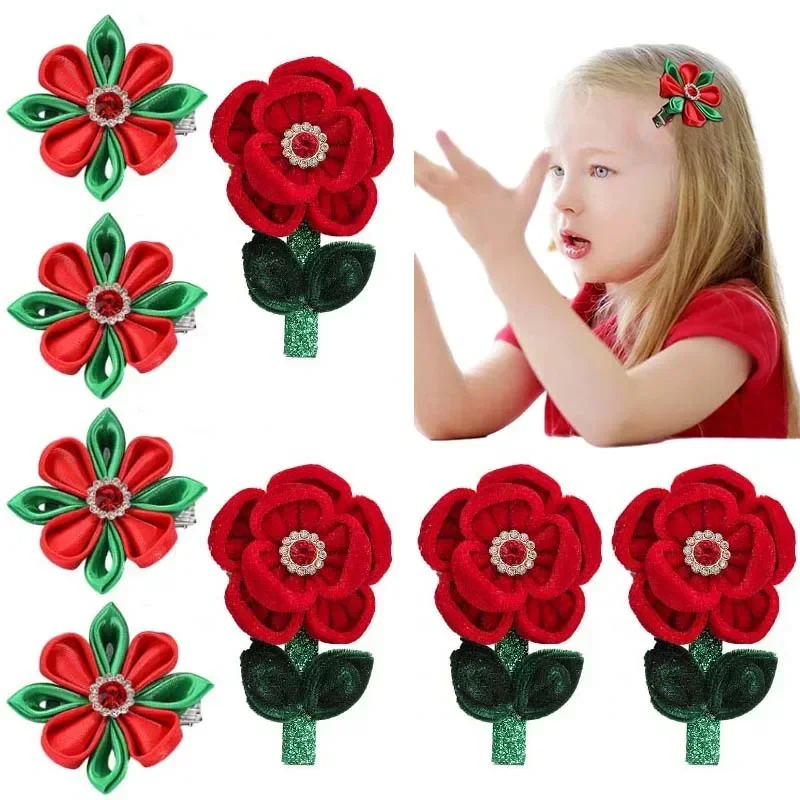 ncmama 2Pcs/set new Rhinestone Rose Hair Clips For Baby Girls Velvet Flower Hair Pin Barrettes Kids Headwear Hair Accessories