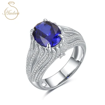 Ambra Jewelry 5ct Sapphire Blue Moissanite Diamond Luxury Ring for men in 925 Sterling Silver Plated to attend Party Banquet