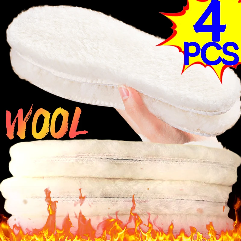 2/4Pcs Self Heated Wool Insoles Women Men Winter Thicken Warm Natural Lamb Fleece Insoles Cashmere Thermal Real Wool Shoe Pads