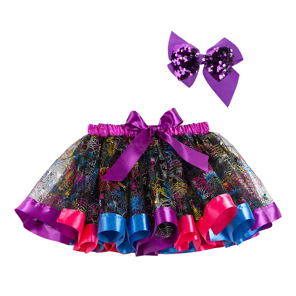 

Halloween Girls Polka Dot Layered Tutu Skirts Spider Web Ghost Pumpkin Tulle Dress with Witch Hair Bows Clown Cosplay Costumes