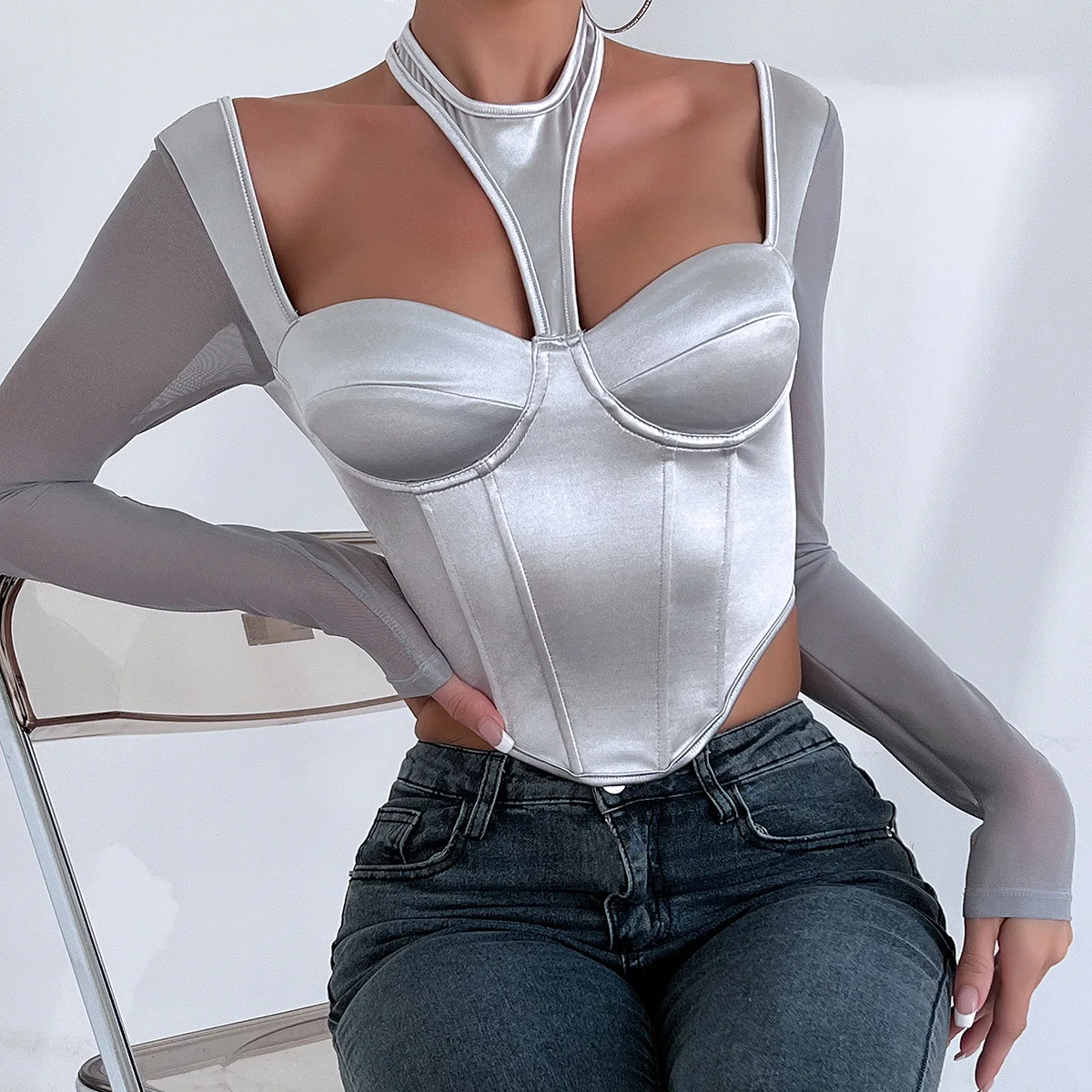 

Sexy Cross Halter Corset Bustier Bone Low Chest Sexy Perspective Mesh Long Sleeve Top Women Slim Fit Cut Out Front Tops