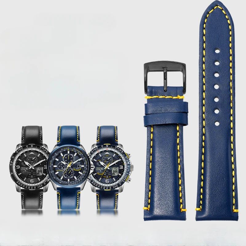 Per Citizen Air Eagle Blue Angel Solid Stainless Steel Fold Buckle 1 2 3 Generation Genuine Leather At8020 Men 23Mm Cinturini