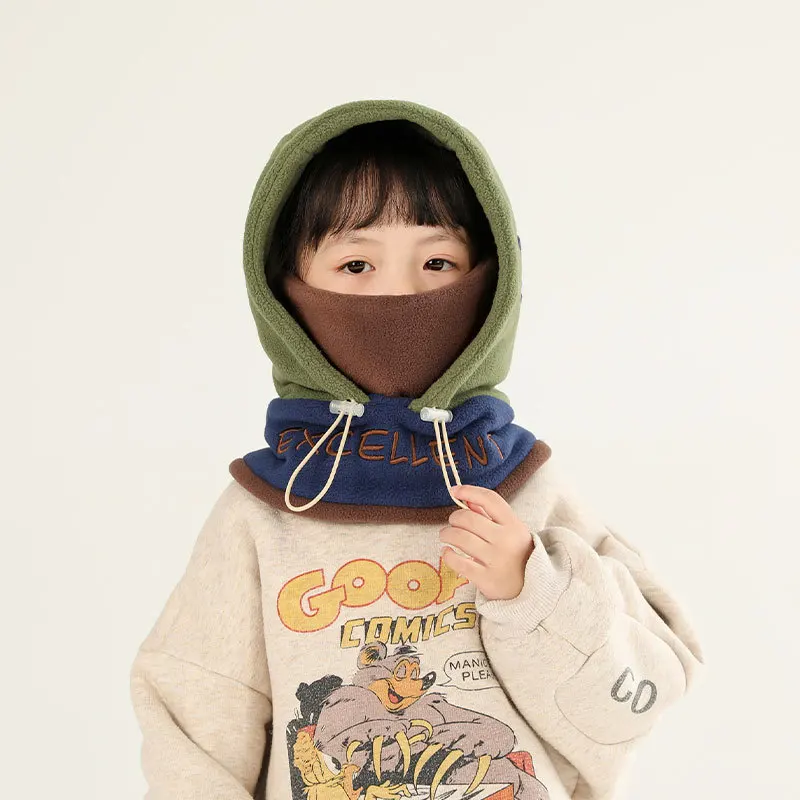 Outdoor Winter Fleece Kid Balaclava Hat Windproof Cycling Cap for Children Boy Girl Solid Color Thick Warm Hooded Beanie Scarf