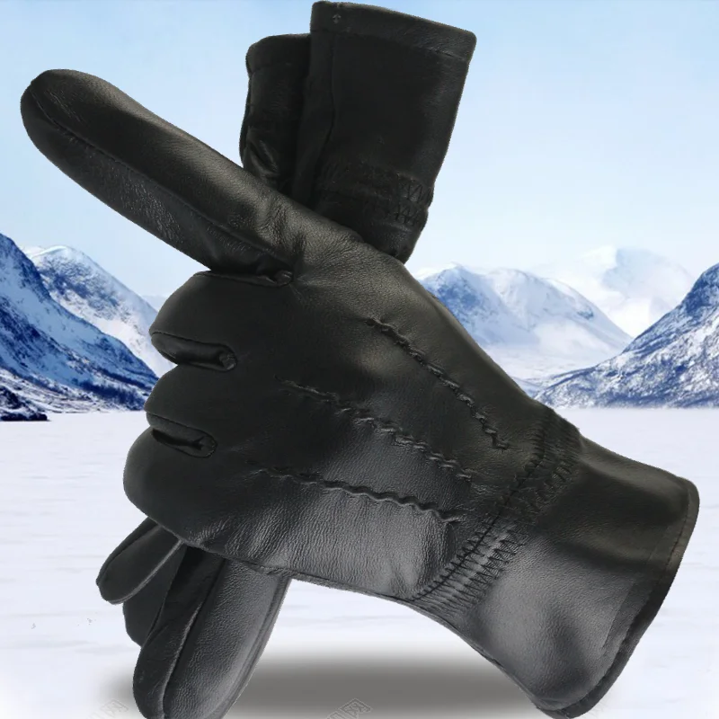 

Genuine leather gloves for men's autumn and winter warmth, wear resistance, plush thickening, outdoor sports, electric bicycles,