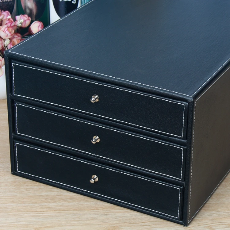 3-layer 3-drawer wood leather desk set filing cabinet storage box drawer office organizer document container holder brown 213B