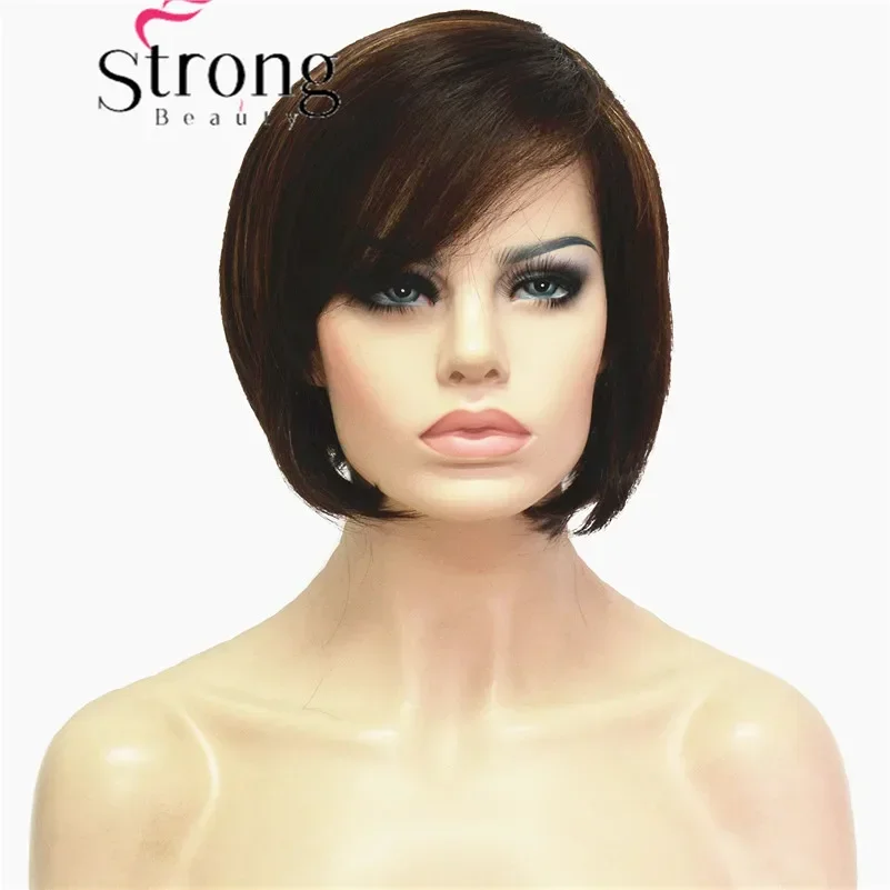 

StrongBeauty Short Straight Dark Brown Highlighted Bob, Side Swept Bangs Synthetic Wig COLOUR CHOICES