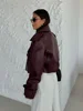 Chic Burgundy Cropped Leather Jacket For Women Elegant Lapel V Neck Long Sleeve Pockets Short Coat 2024 Female Fashion Outerwear 3
