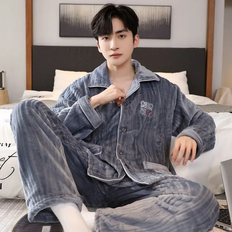 2024 New Men Pajamas Autumn Winter Warm Homewear Young People Can Wear Flannel Sleepwear Thicken Loose V-neck Warm Loungewear