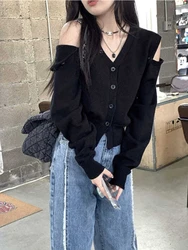 Deeptown Korean Fashion Oversized Cardigan Women Harajuku V-neck Knitted Jumper Sweet Sexy Off Shoulder Long Sleeve Crop Top Y2K