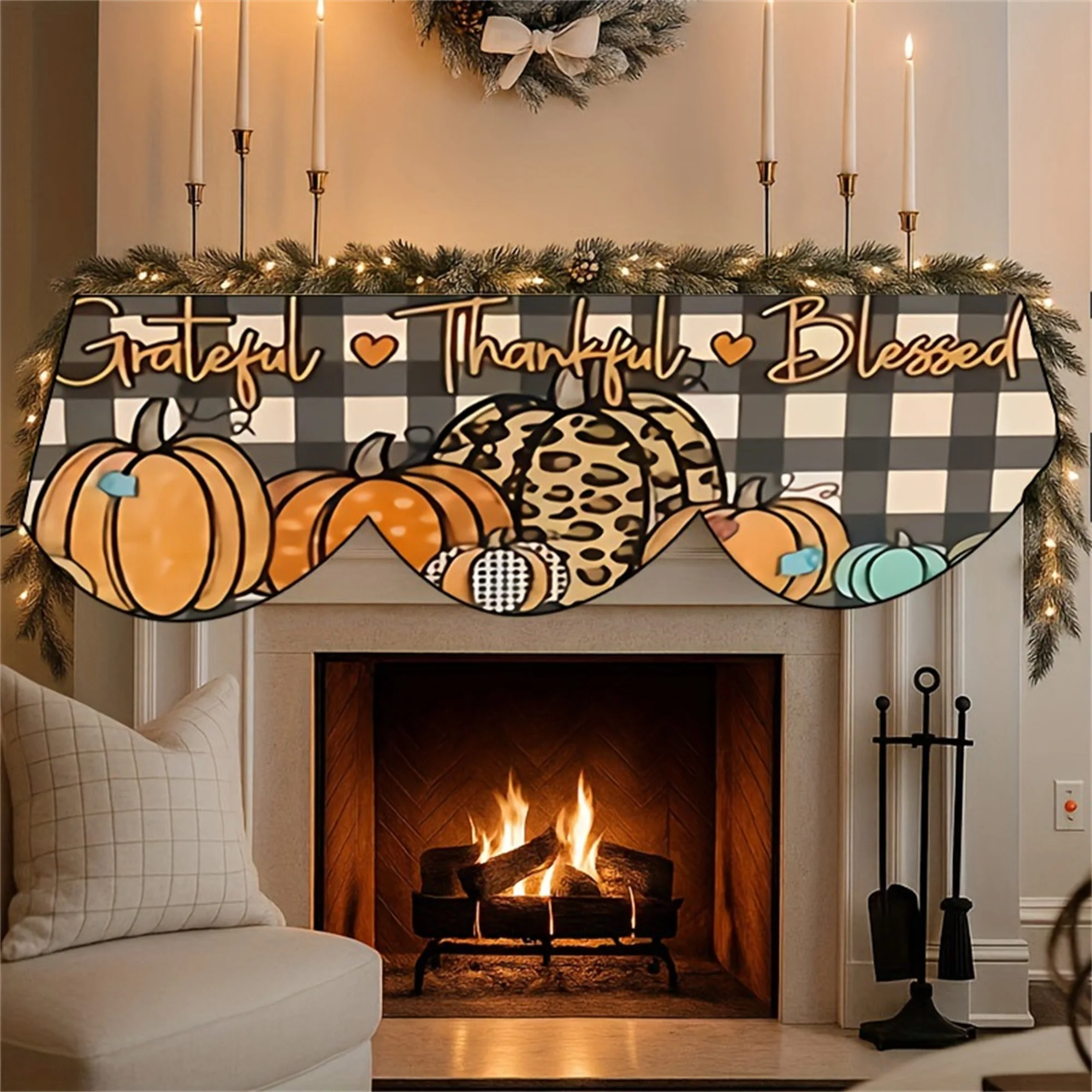 Thanksgiving Harvest Mantel Scarf Give Thanks Gratitude Blessed Pumpkin Plaid Mantel Runner for Fireplace Table Home Decor and