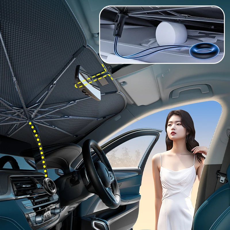 Car Front Parasol Sun Shade Pull Ring Windshield Umbrella Summer Sun Visor Protection Covers Car Interior Cooling Supplies