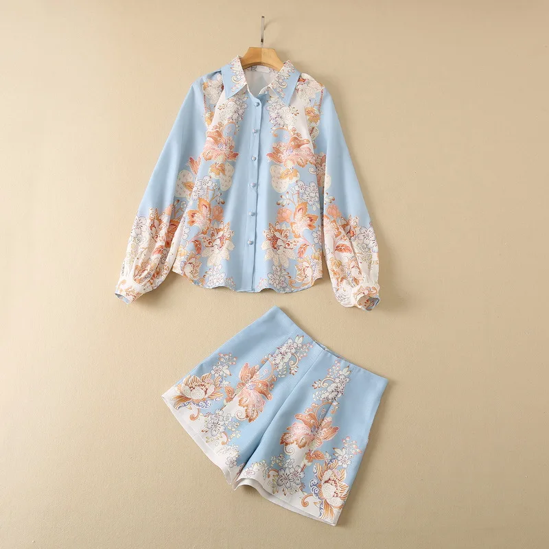 

New European and American women's wear for winter 2022 Long sleeve floral print blue shirt shorts Fashion suits