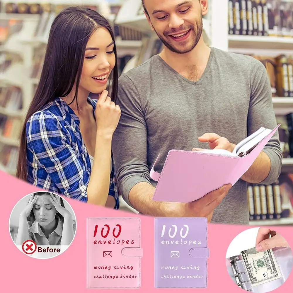 

Portable 100 Envelope Challenge Binder Leather Loose-Leaf Savings Book Money Organizer System Savings Challenges Book Children