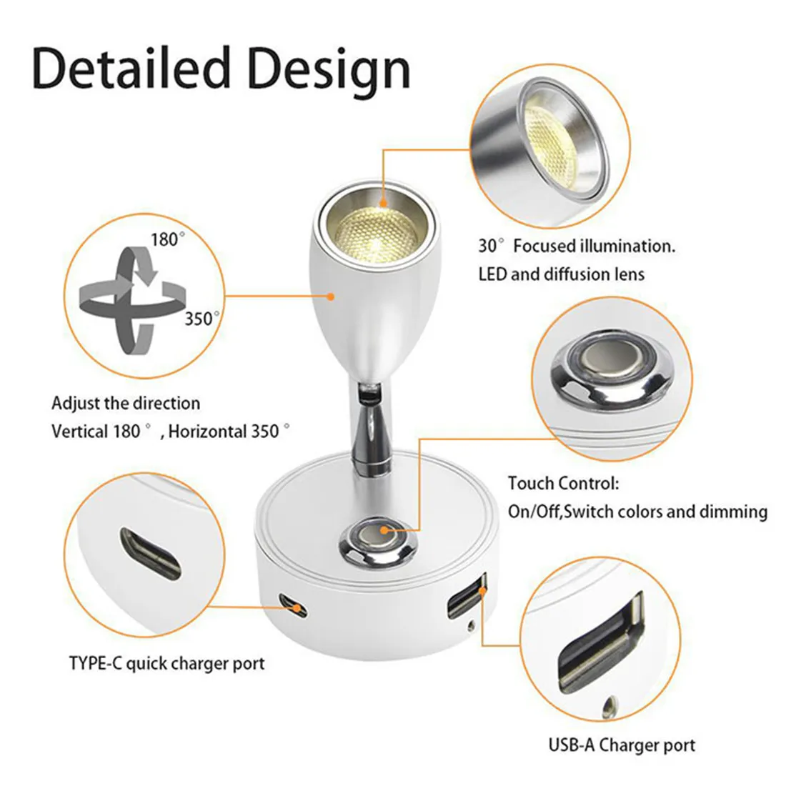 Dual USB Charging Ports 12V LED Reading Light RV Touch Dimmable Reading Lamp 3 Color USB C Charger 24 Volt Swivel Spotlight led light led reading light