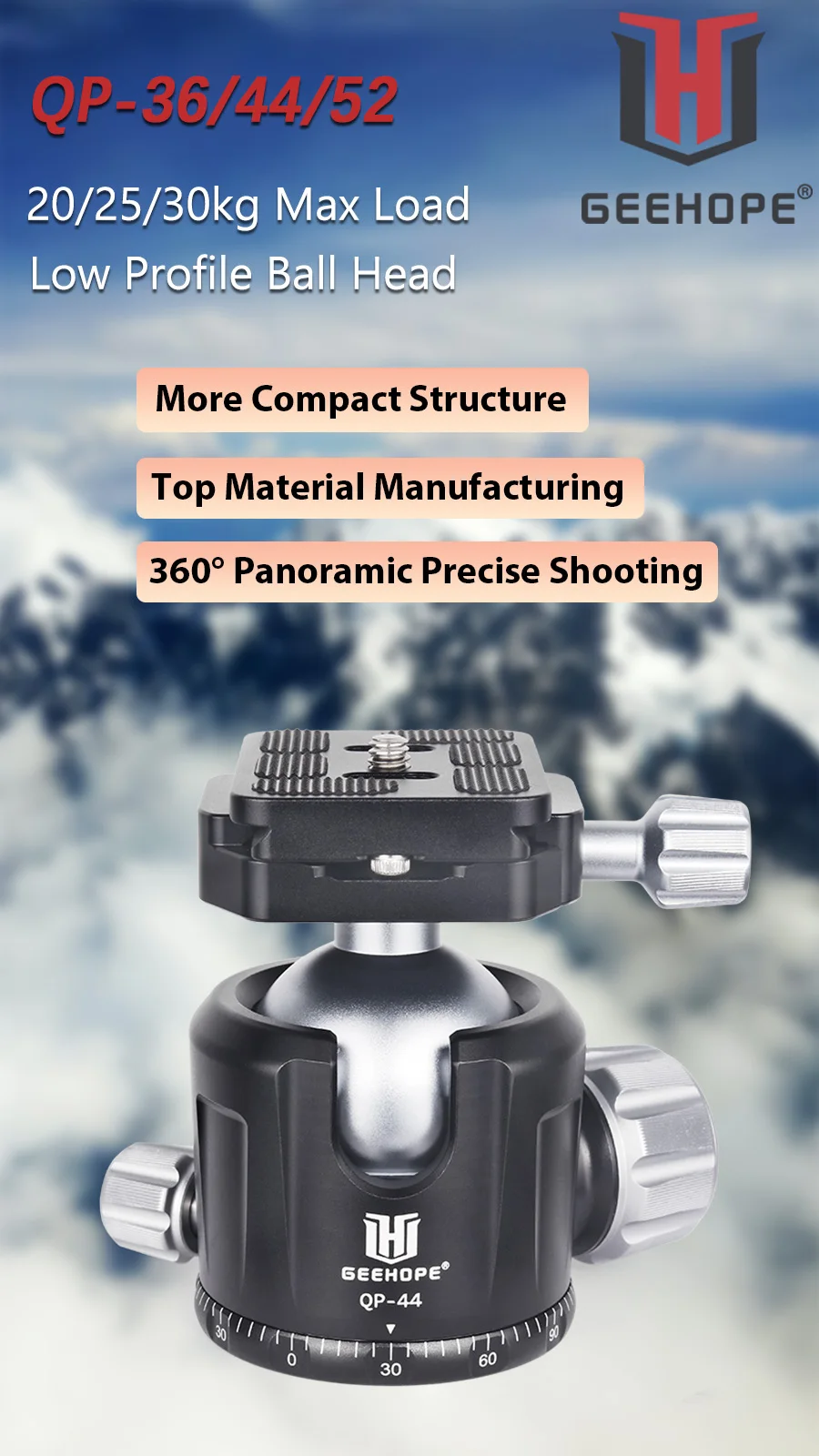 QP-36/44/52 Tripod Ballhead of Low Gravity Center 360° Panoramic Metal BallHead