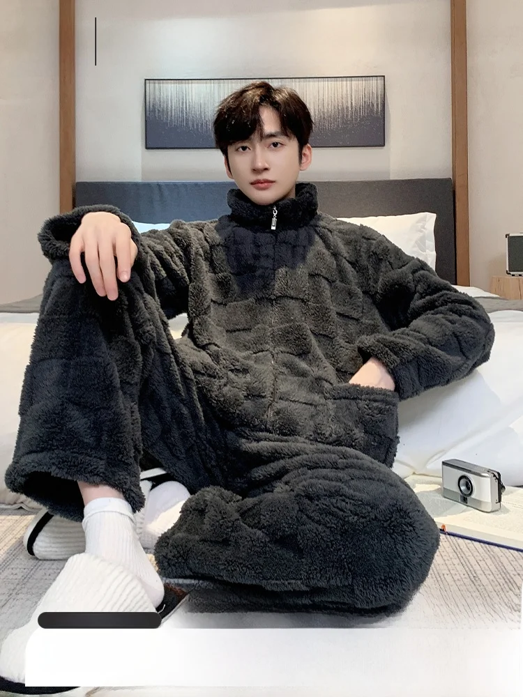 남성용 양털 안감 산호 벨벳 잠옷 세트, 두껍고 따뜻한 홈웨어, 가을 겨울 스타..
