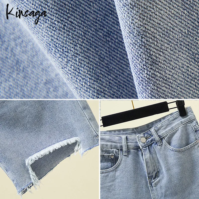 Korean Fray Ripped Hole Fifth Short Jeans Female Basic Simple Straight Leg Denim Pants Street Casual Knee Length Shorts Trousers