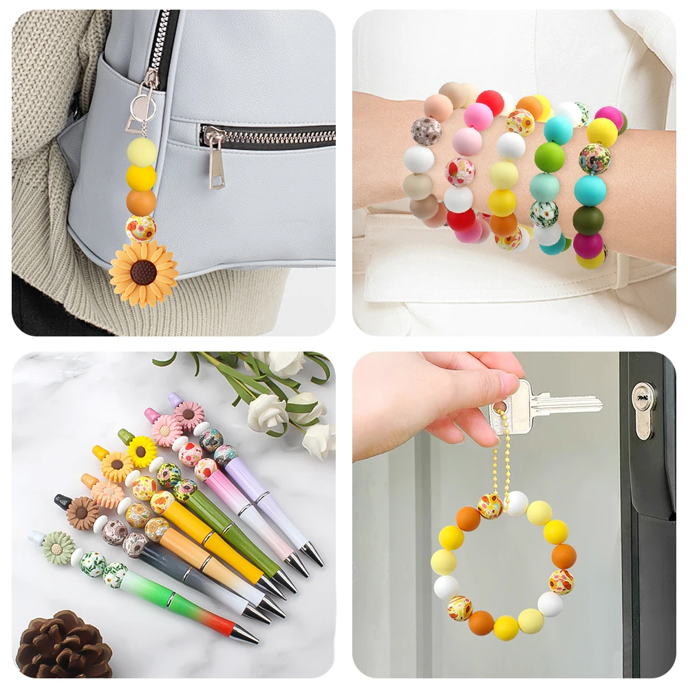 30/20/10Pcs 15mm 라운드 실리콘 비즈 인쇄 및 솔리드 컬러 비즈 쥬얼리에 대 한 진주 DIY 펜 페르시 키 체인 액세서리 만들기