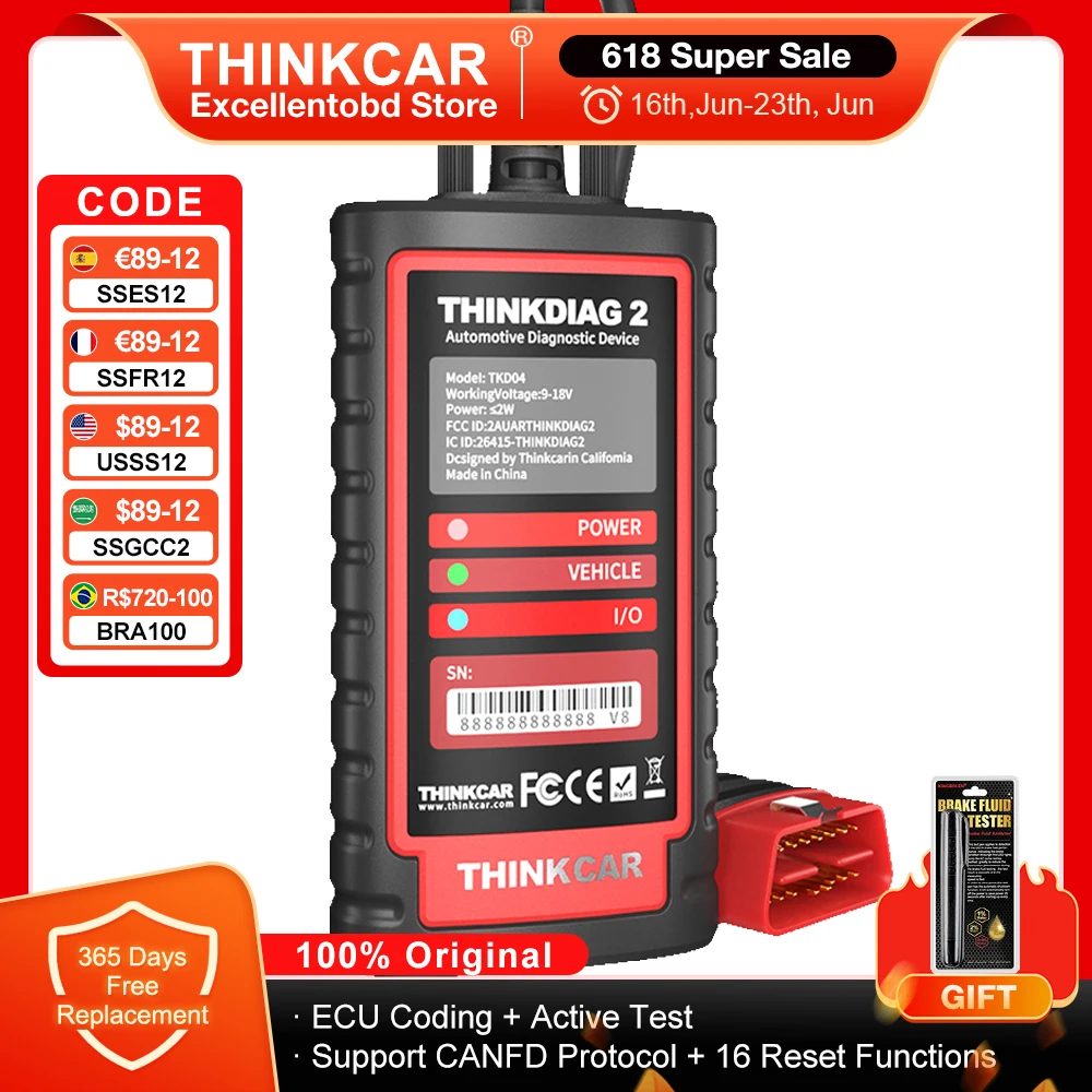 Полный диагностический инструмент THINKCAR Thinkdiag 2, поддержка CANFD 16, сбросы, кодирование ЭБУ, активный тест, сканер OBD2, 1 год бесплатного обновления