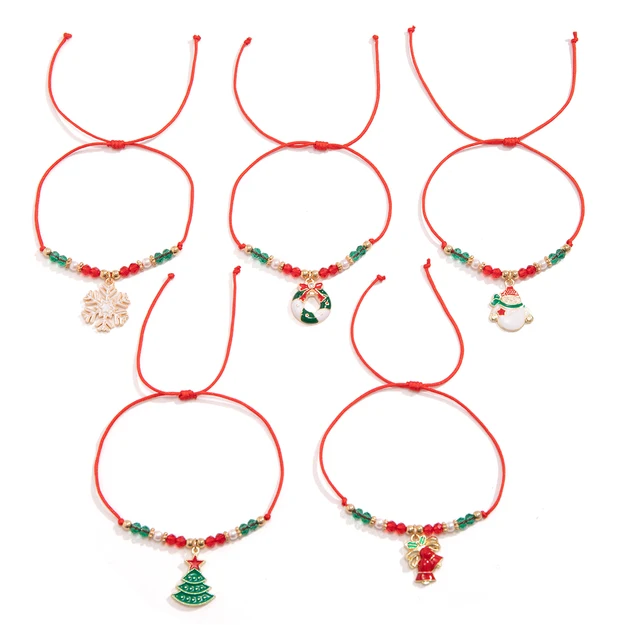 KunJoe 5pcs/set Cute Christmas Series Snowflake Tree Pendant Crystal Bracelet Women CCB Beads Adjustable Thread Rope Bracelet 5
