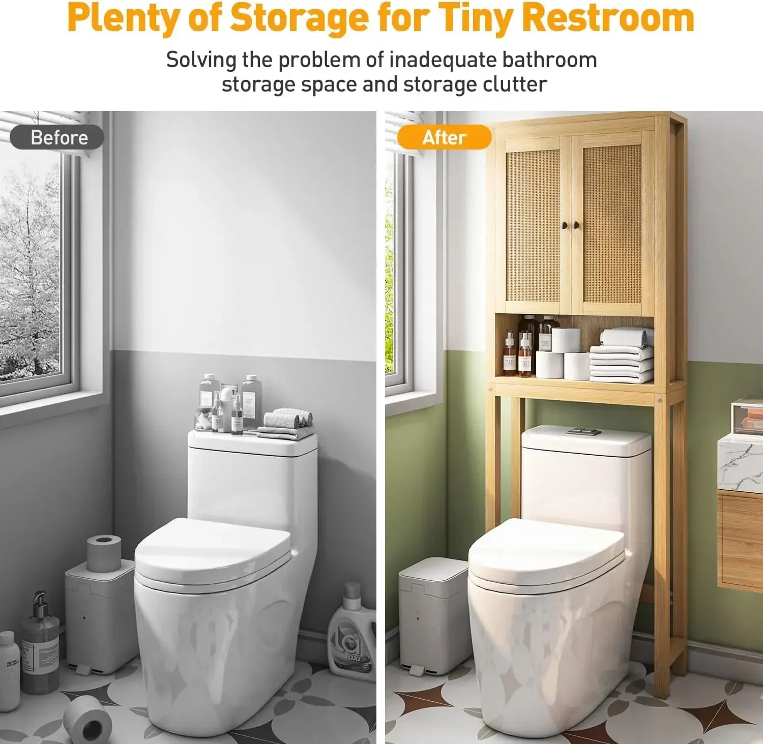 Rattan Over The Toilet Storage Cabinet, Adjustable Shelf, Behind Toilet Cabinet,Bathroom, Laundry, Wood Rack, Natural 6