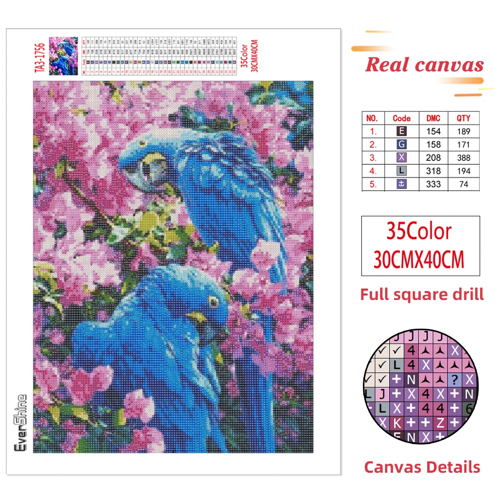 EverShine Diamond Painting Parrot Mosaic Birds Cross Stitch Kits Diamond Embroidery Animal Rhinestones Wall Decor